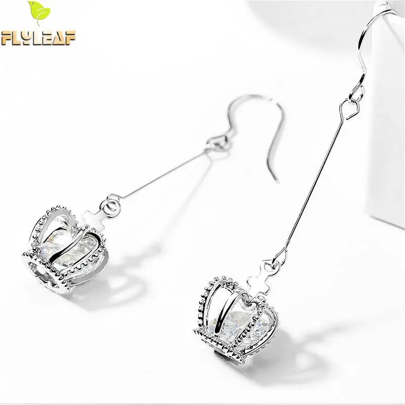 

Flyleaf Statement Simple Crown Zircon Long Dangle Earrings For Women 925 Sterling Silver Fashion Jewelry