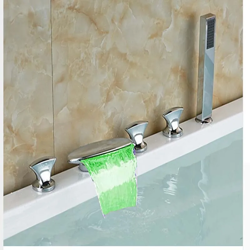 

LED Color Changing Waterfall Spout Bathroom Tub Faucet 5 PCS Hand Shower Sprayer Mixer