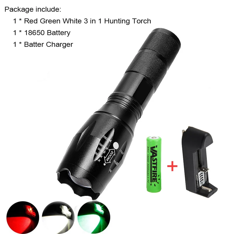 

3 in 1 1000 Lumens Red Green White Traveling Light Flashlight outdoor Hunting Tactics Zoomable Torch