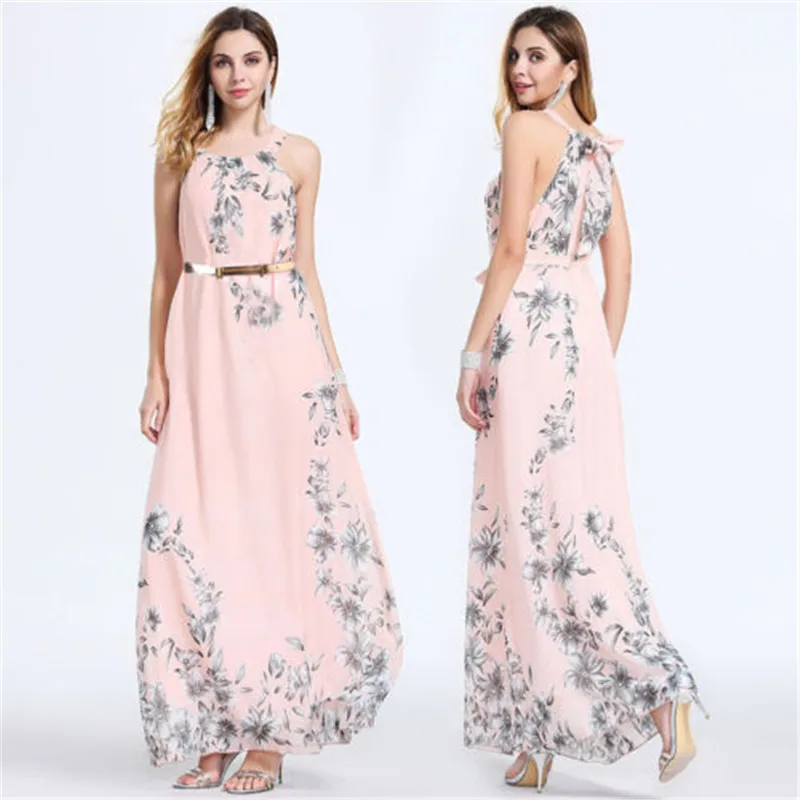 

2019 Fashion Women Summer Dress Floral Printed Sleeveless Casual Floral Pink Dress Boho Chiffon Evening Party Long Maxi Dresses
