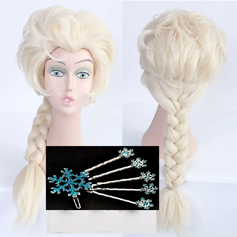 

Elsa Wig Princess Platinum Blonde Braids Heat Resistant Synthetic Hair Cosplay Wigs + Wig Cap + 6 Snowflake Hairpins