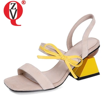 

ZVQ shoes woman summer new fashion mixed colors kid suede woman sandals outside black and apricot super high strange style shoes