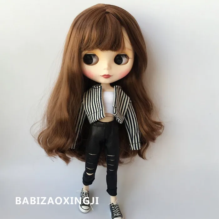 1/6 модная одежда blyth doll, Полосатое пальто из искусственной кожи+ белая накидка на грудь+ блестящие штаны, костюм для blyth 30 см, аксессуары для кукол