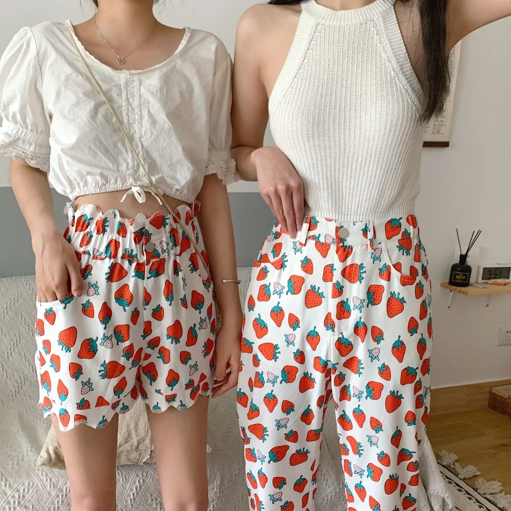 HziriP/корейские летние повседневные Прямые женские узкие брюки высокого качества с принтом клубники, Модные свободные штаны с высокой талией