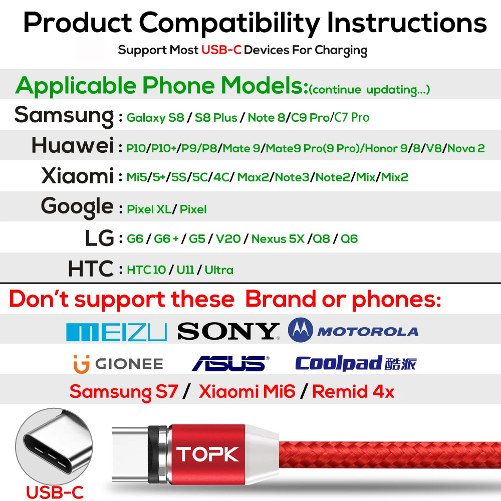 TOPK R-Line2 светодиодный магнитный кабель usb type C, обновленный нейлоновый Плетеный Магнитный кабель type-C для зарядного устройства samsung S8 Xiaomi Mi6 USB-C