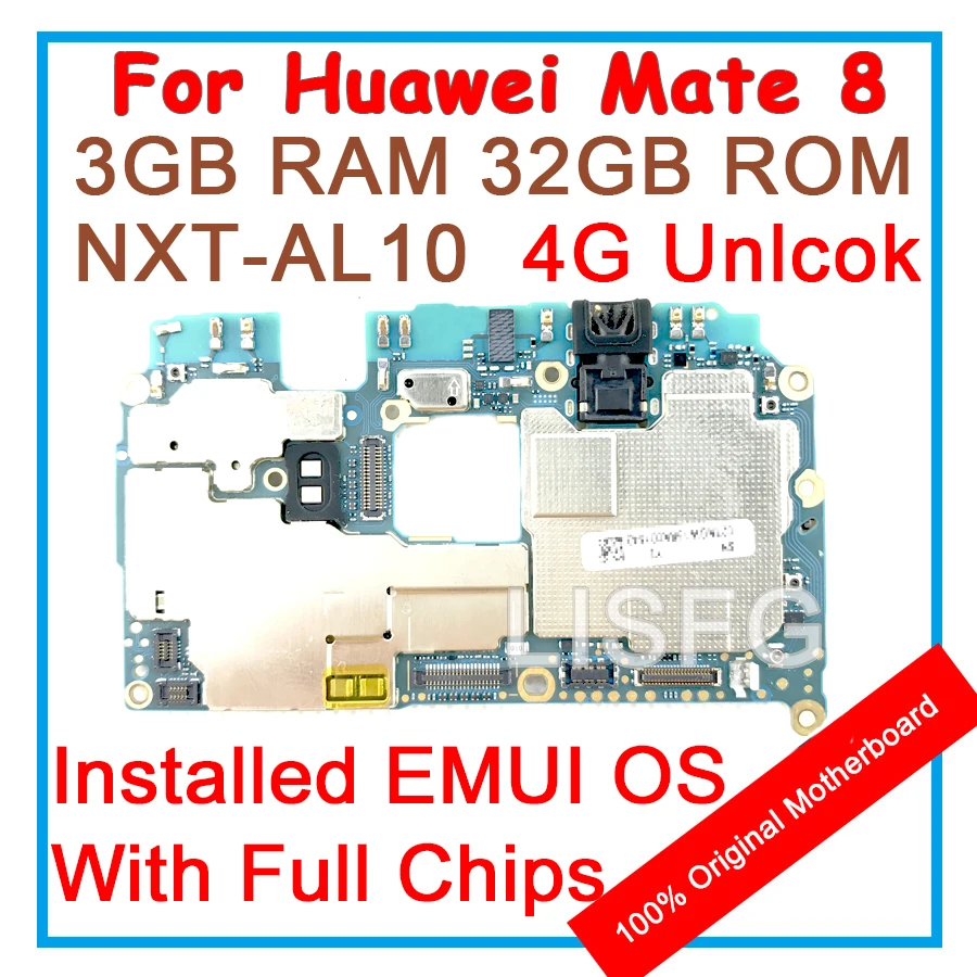 

For HUAWEI Ascend MATE 8 NXT-AL10 100% Unlocked Original Motherboard 3GB RAM 32GB ROM Mainboard EMUI Logic Board With Full Chips