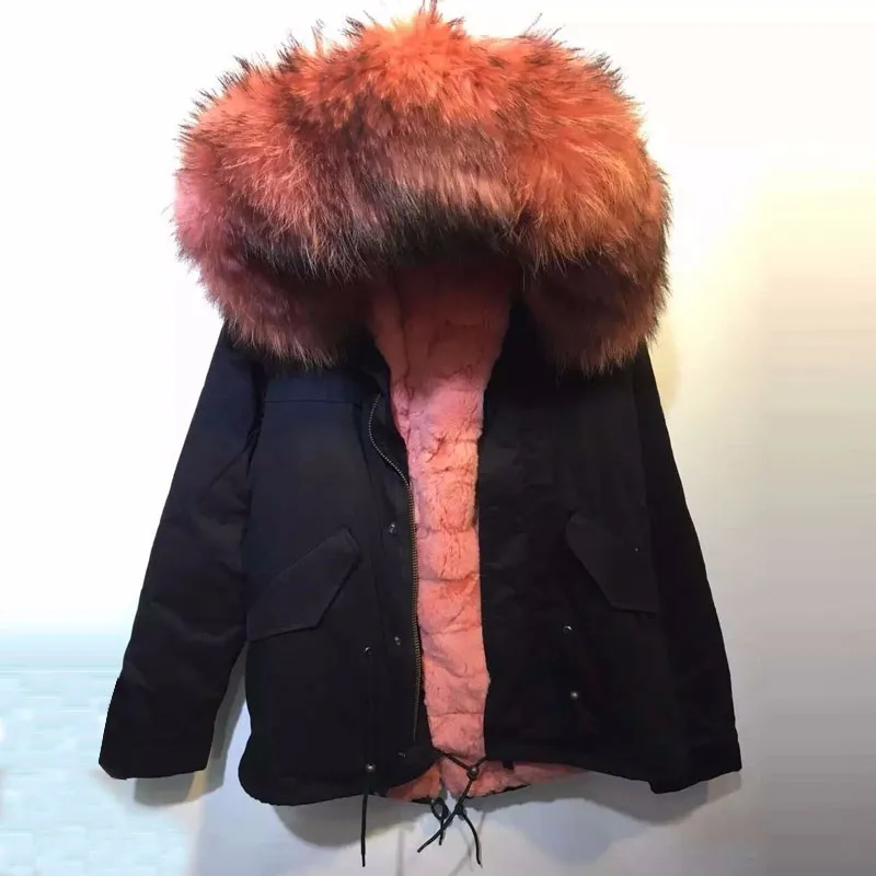Новая модная зимняя одежда толстый теплый красный арбуз Бивер кролика куртка натуральным мехом енота кроличьего меха внутри черная парка