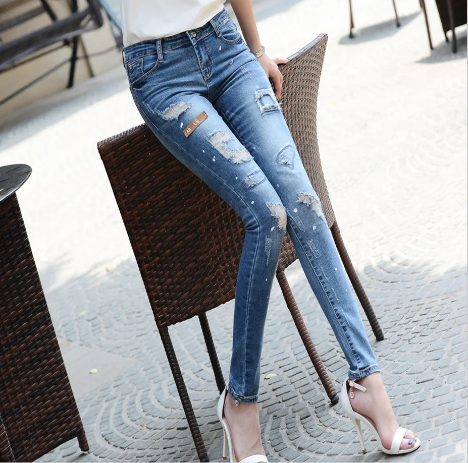 Women Jeans Skinny Pencil Hole Pants Slimmer Sexy Pencil
