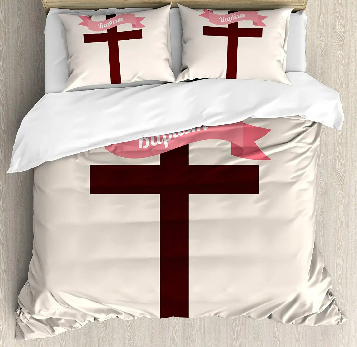

Religious Duvet Cover Set Queen Size Message on Ribbon Religious Symbol The Back Event Design Bedding Set Cream Chesnut Brown