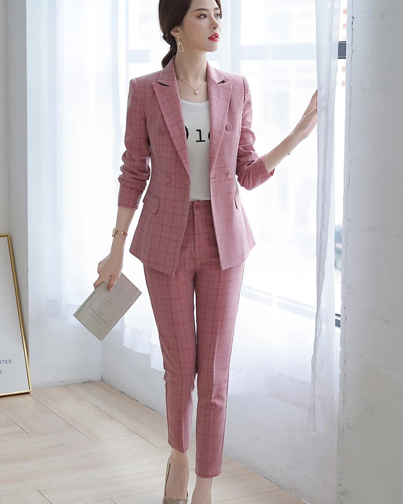 Women Pant Suit Two Pieces Set Size S-5XL Pink Brown Plaid Jacket Blazer With Plaid Trouser Sets Casual Fashion Suits