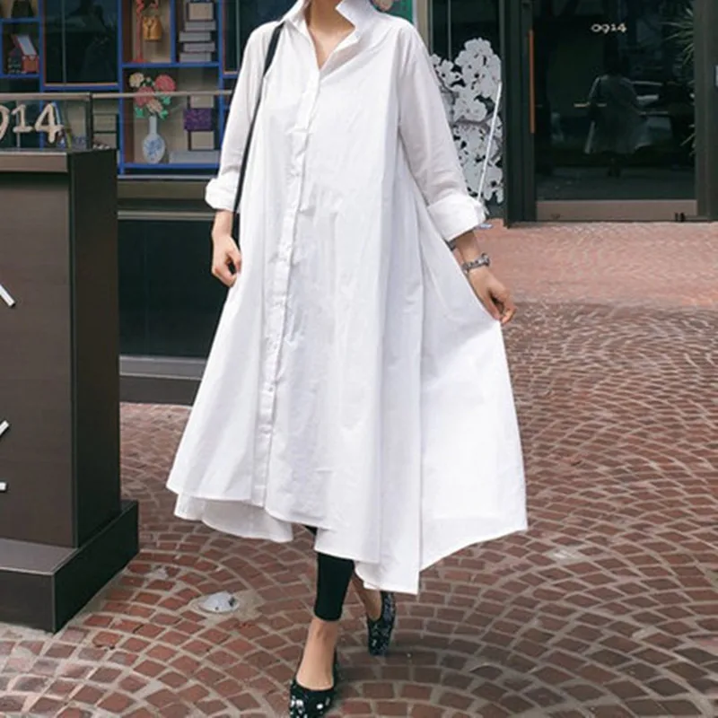 

Johnature 2019 Summer Autumn Solid Color Korean Plus Size Loose Women Shirt Dresses New Simple All-match Irregular Women Dress