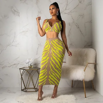 

Fashion Striped Yellow 2 Piece Set Outfits Women Bandage Sleeveless Bodycon Party Vestidos Summer Midi Dresses 2019