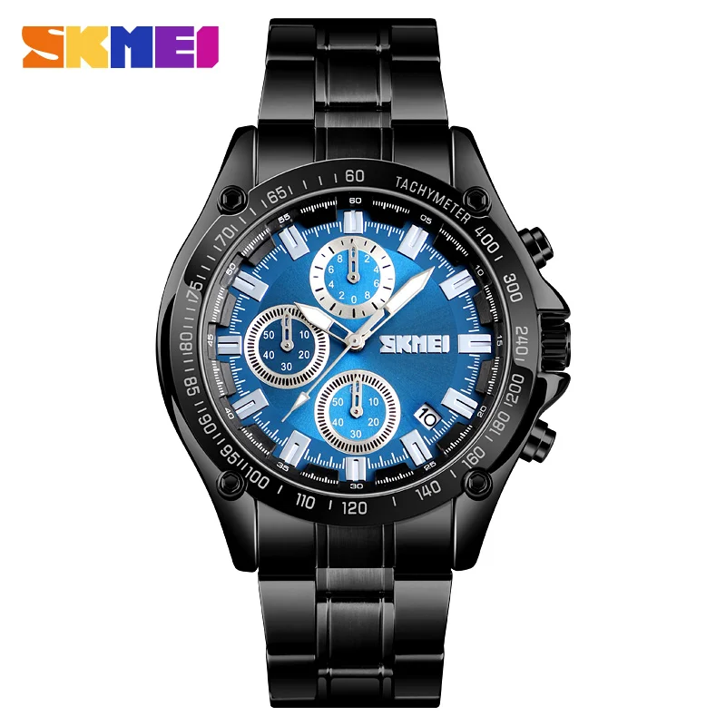 SKMEI Новая мода кварцевые часы для мужчин Элитный бренд Полный нержавеющая сталь Дата Мужской часы мужские Relogio Masculino 1393 - Цвет: Black Blue