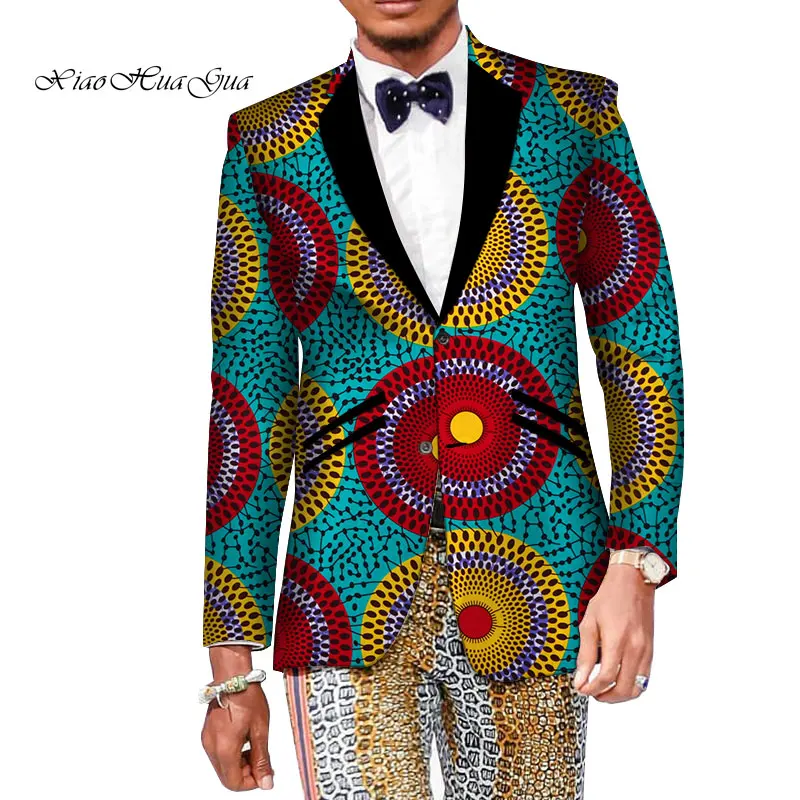 Анкара свадебные костюмы повседневные печати пиджак пальто Африканский Для мужчин Костюмы Пиджаки Slim Fit Элегантный v шеи Дашики Базен WYN163