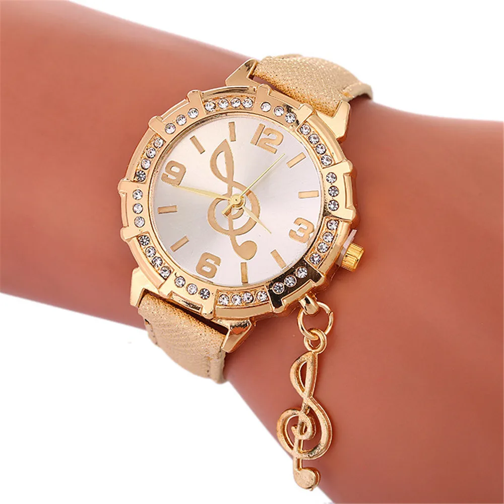 

Women Watches Fashion Casual Rhinestone Musical Note Pendant Bracelet Watch Leather Quartz WristWatch Clock Female Montre #B