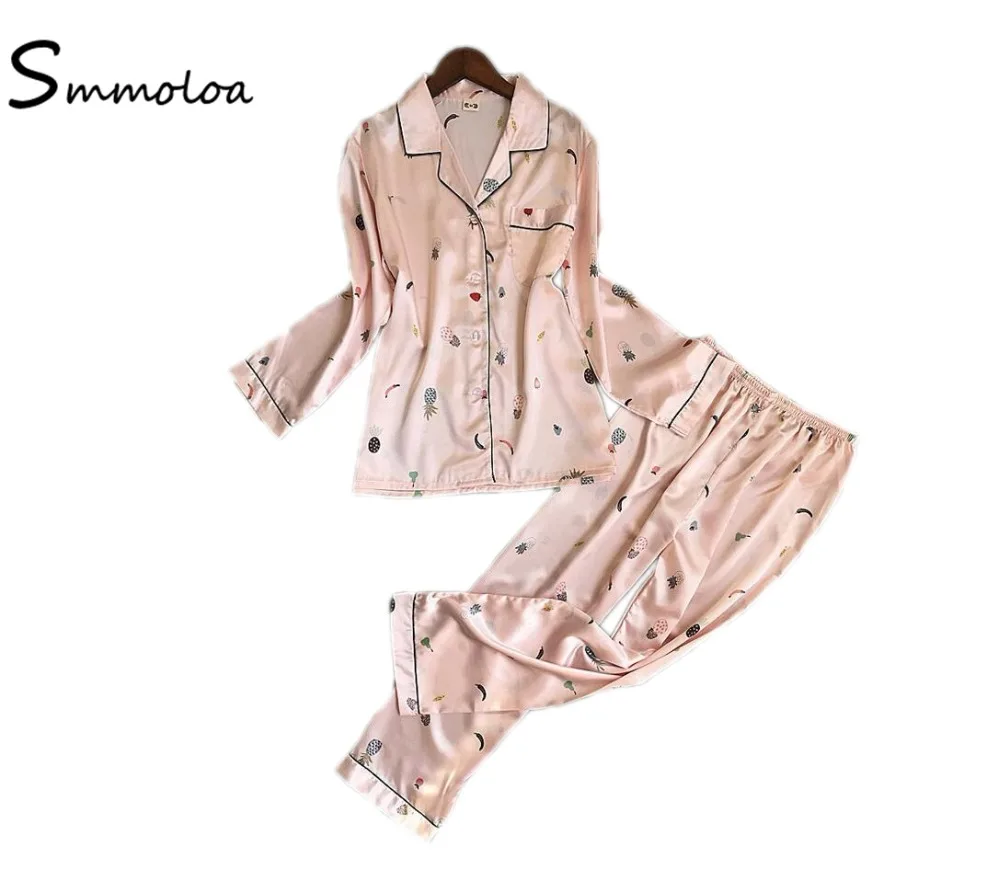 

Smmoloa Spring Satin Pajamas Print Silk Pyjamas Women Long Sleeve