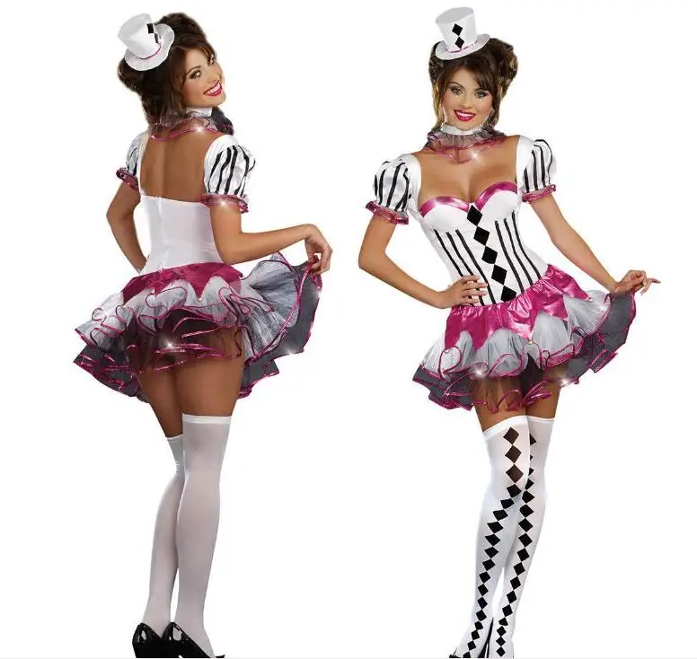 Adult Women Mardi Gras Jester Costume Party Wear Circus Clown Costumes Black White Lattice