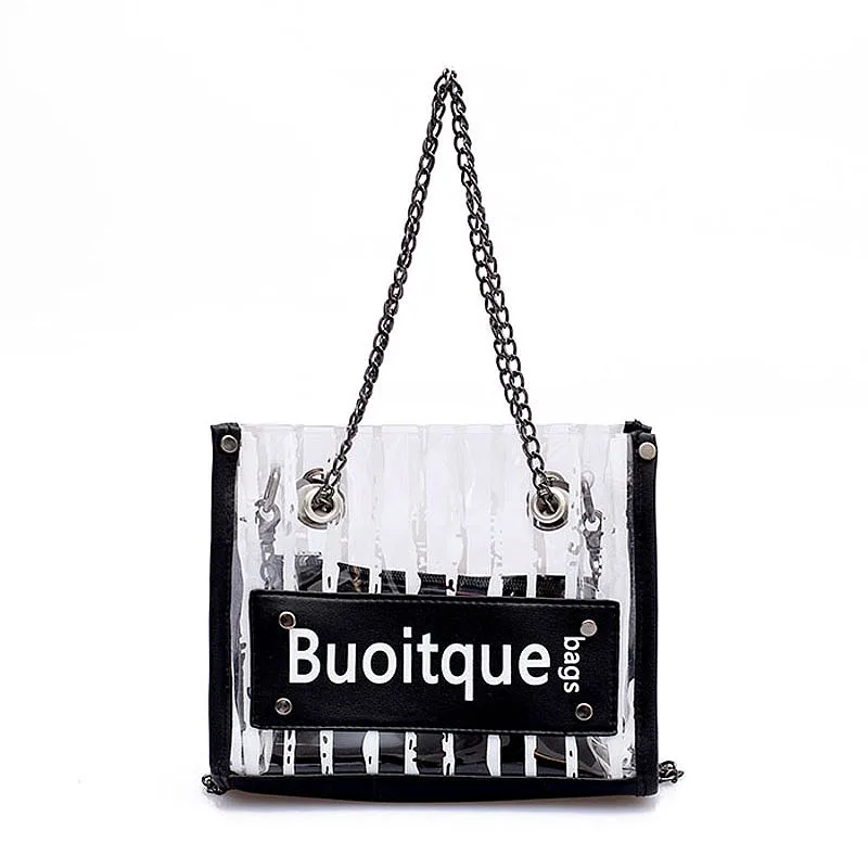 

Fashion Stripes Plastic Transparent Handbag Chain Shoulder Bag Woman Large Capacity Bag Composite Bag Women's Bags Black