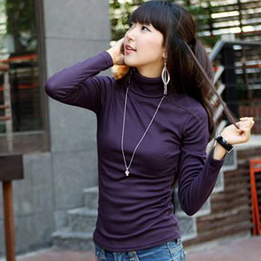 

Women Winter Spring solid Turtleneck Milk Silk Pullovers Bottoming Shirt Trendy Long sleeve Slim Basic Tee Tops