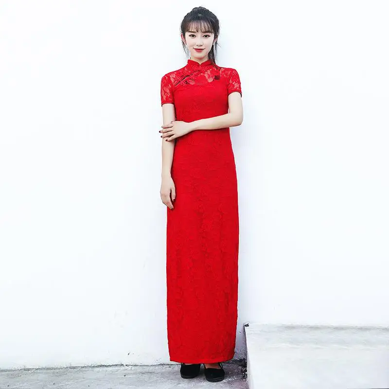 Плюс размер 3XL 4XL 5XL элегантные кружевные женские длинные Qipao сексуальные тонкие вечерние платья vestidos с высоким разрезом для сцены шоу Cheongsam - Цвет: Color 4