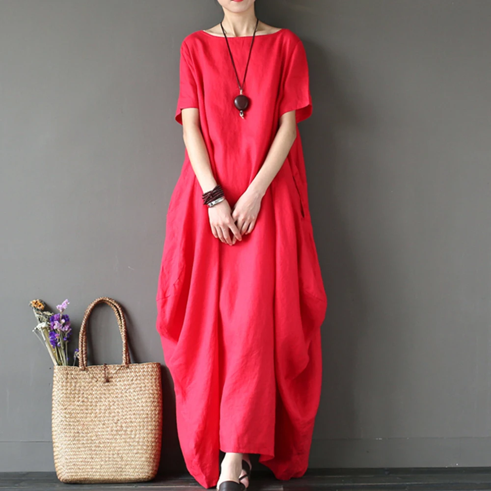 

Solid Cotton Linen Dress Women Plus Size Casual Summer Dress Woman O-Neck Long Sleeve Loose Maxi Dress Bohemian Dresses