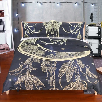 

Mandala Flowers Duvet Cover With Pillowcase Black and Gold Bedding Set, Twin Queen King Size Moon Feather Boho Quilt Cover Set