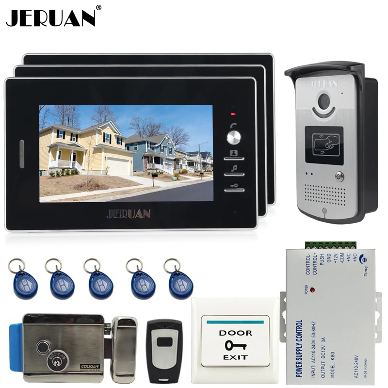 JERUAN 7`` LCD Screen Video DoorPhone Intercom System 3 Monitors +700TVL RFID Access COMS Camera+ E-lock In Stock for 3 house