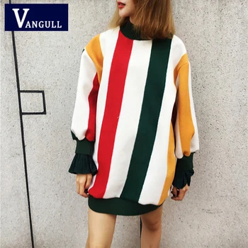 

Casual Women's Clothing 2018 Autumn & Winter Loose long stripe Patchwork female pullover sweatshirts plus velvet thick hoodies
