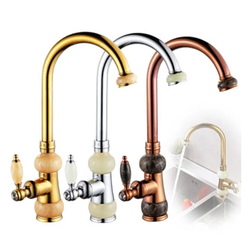 

Natural Jade Faucet Copper European Kitchen Cold and Hot Water Faucet European Golden Jade Faucet