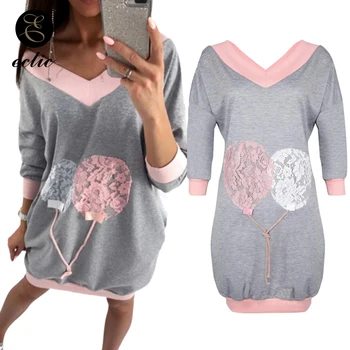 

Lace Hoodie Dress Sweatshirt Tunic Long Sleeve Poleron Mujer 2019 V Neck Patchwork Clothes Oversized Hoodie Kawaii Clothes Women