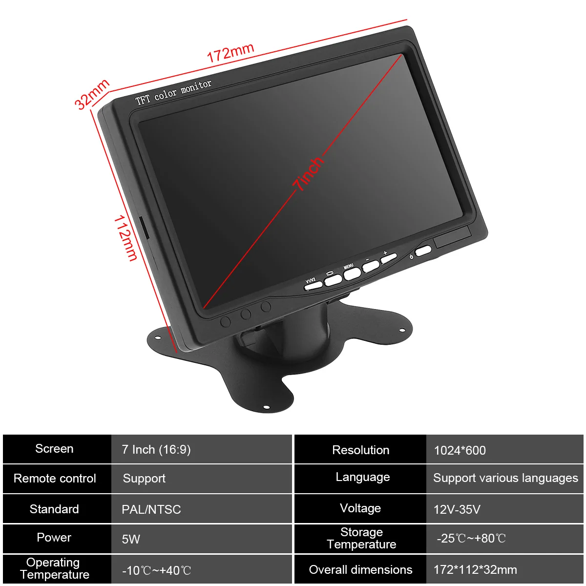  7 Pollici 16:9 Hd 1024*600 Tft Lcd a Colori Car Rear View Monitor 2 Ingresso Video Dvd Vcd Poggiate