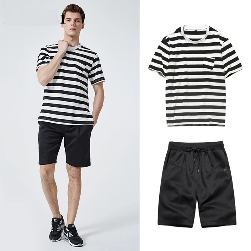 

Casual Men Two Pieces set 2xl Sporting Suit 2019 Summer Thin Set Men Striped Tracksuit T shirts+Shorts Sets Male Sweat Suit