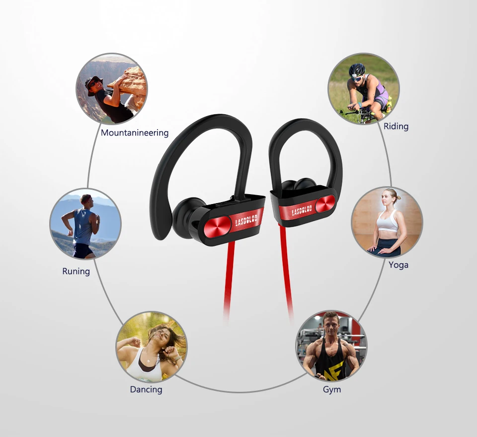 Lasdolod Bluetooth Headphone Sports Wireless Earphones with Mic Red HIFI Headset Bass Earbuds for phone iPhone xiaomi Samsung-96