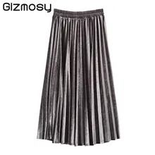 Повседневные плиссированные женские юбки Осенняя длинная юбка бархатная эластичная Однотонная юбка с высокой талией Женская Черная Юбка-миди saia faldas mujer BN2016
