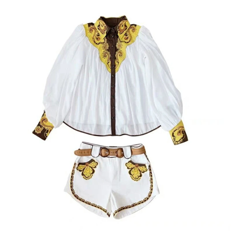 Стильный дизайнерский костюм для подиума, комплект женских рубашек с рукавами-фонариками и цветной вышивкой, комплект с шортами