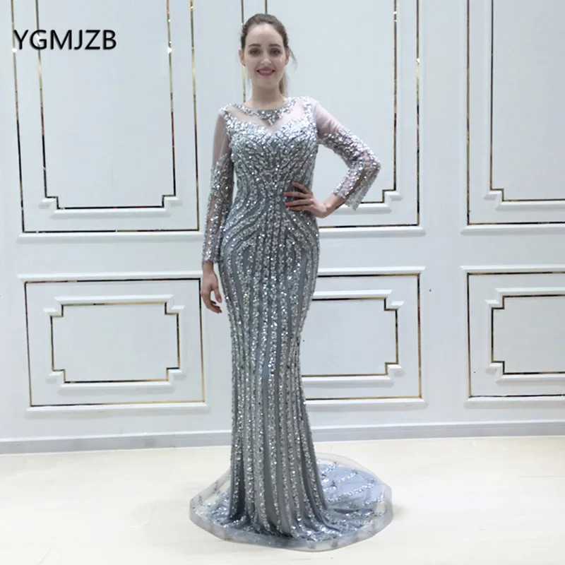 

Robe De Soiree 2018 Sequin Luxury Mermaid Evening Dress Long Sleeves with Crystal Women Arabic Formal Prom Party Gown Real Photo