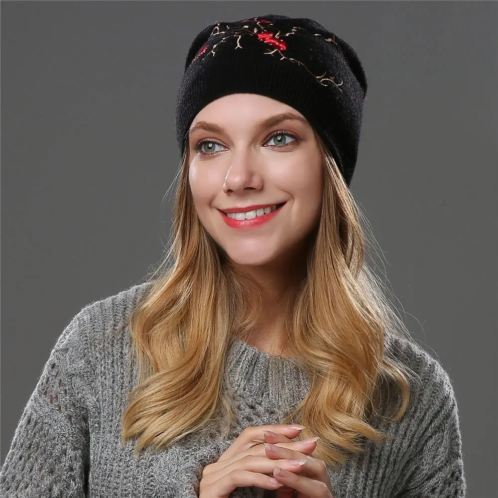 Winter knitted hats for women Skullies Beanies warm lining rhinestons