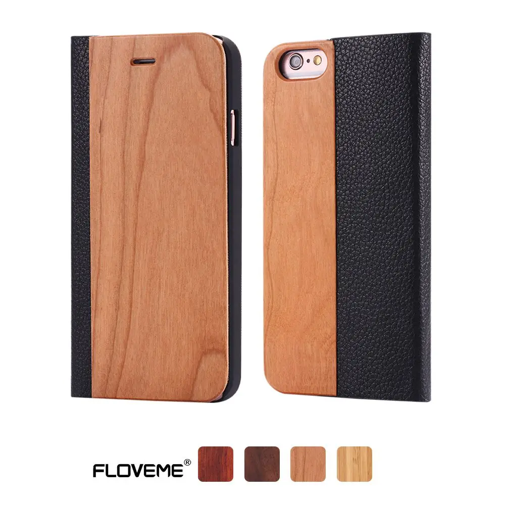 Кожаный чехол-бумажник FLOVEME для iPhone X, XS, Max, XR, XS, бамбук, натуральное дерево, флип-чехол для iPhone 6, 6S Plus, 7, 8 Plus, чехол, Capinhas - Цвет: Cherry Wood