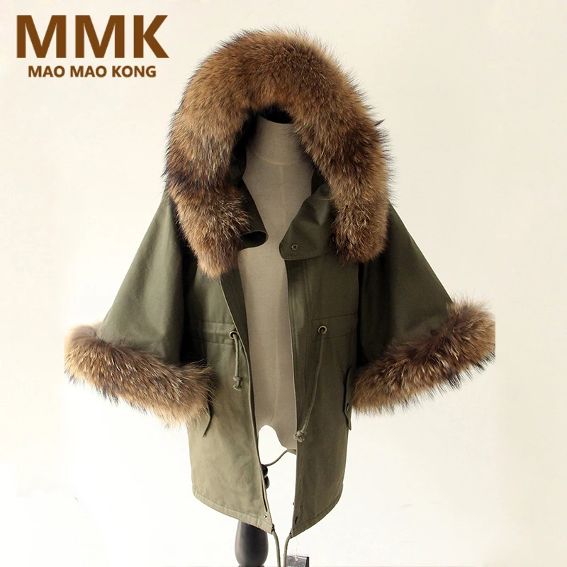 

Women Winter Coat Jacket Raccoon Large Fur Collar Army Green Casual Overcoat Flare Sleeve Cloak Cotton-padded Outerwear