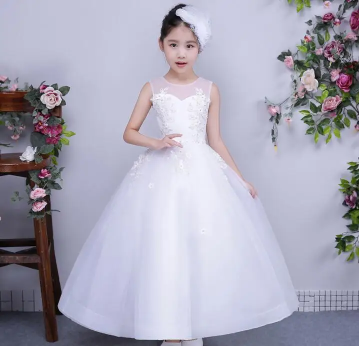 Exquisite White Lace Girl Wedding Dress Appliques Tulle Ankle Length ...