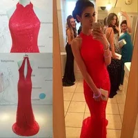 Real Photo Halter Lace Mermaid Prom Dresses With Train Long Red Evening Party Dresses Special Occasion Dresses Gowns