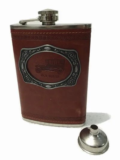 

9oz Portable Stainless Steel Hip Flask Flagon Metal Patch Whiskey Wine Pot Leather Cover Bottle + Funnel Travel Tour Drinkware