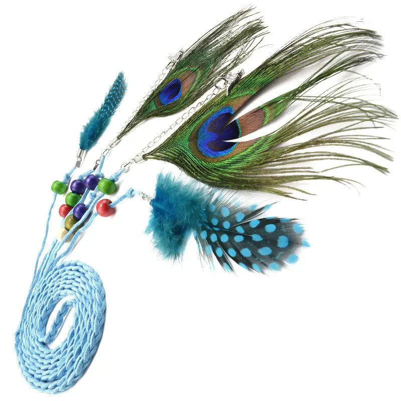 Этнические винтажные плетеные ремни-Веревки женские с перьями кистями показать декоративные тонкие повседневные женские пояса для модных платьев J114 - Цвет: Небесно-голубой