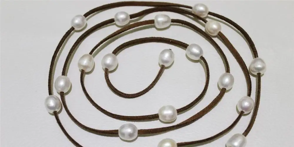 

Dark Brown Leather long necklace white Freshwater pearl 48INCH 10x12mm a(5.18)