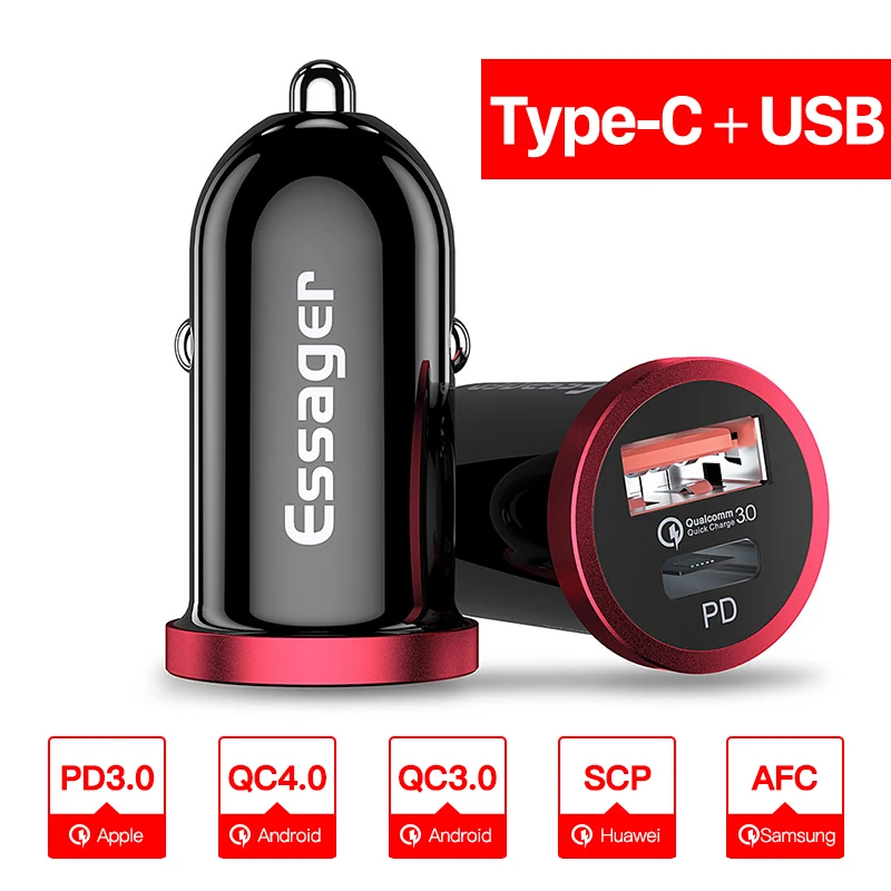 Автомобильное зарядное устройство Essager Quick Charge 4,0 3,0 USB PD зарядное устройство QC 3,0 4,0 Быстрая зарядка для Xiaomi huawei Supercharge автомобильное зарядное устройство для телефона - Тип штекера: Black