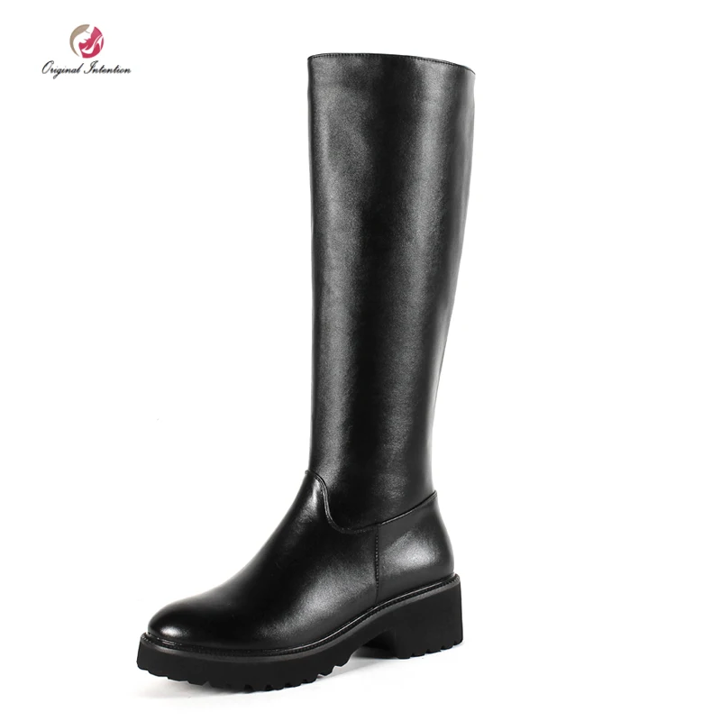 

Original Intention Fashion Women Genuine Leather Knee High Boots Casual Flat Ladies Boots Nice Black Shoes Woman US Size 3-10.5