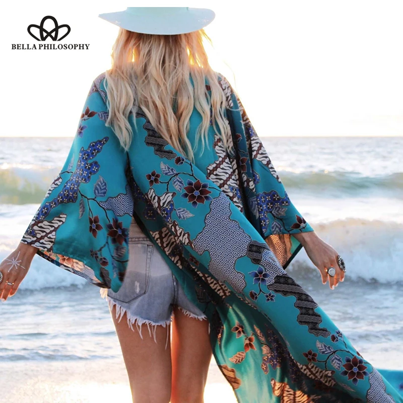

Bella Philosophy women chiffon beach print blouse full sleeve batwing sleeve long female blusas fashion bikini cover kimono