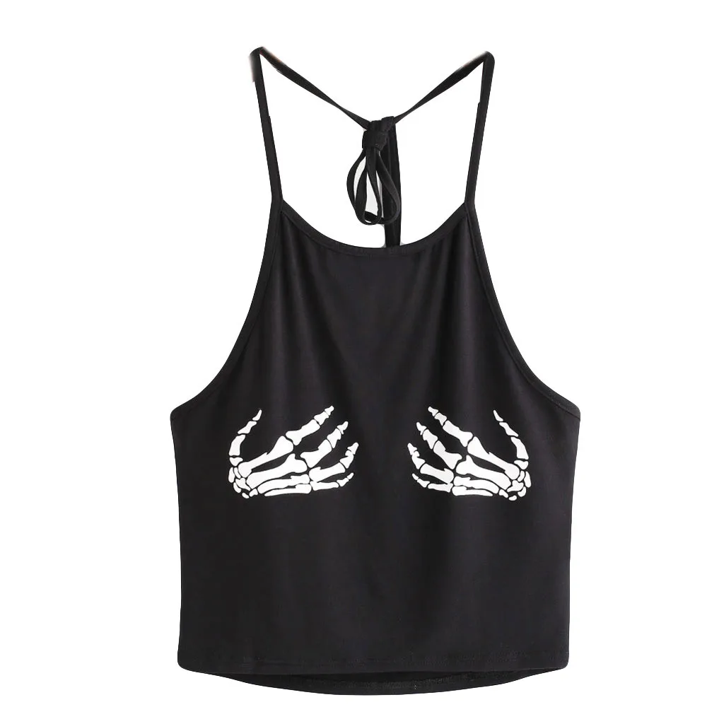 

Tank Tops Women Hand Grab Strap Hanging Neck Sleeveless Vest Palm Print Tank Top Simple Black Summer Clothes #Zer