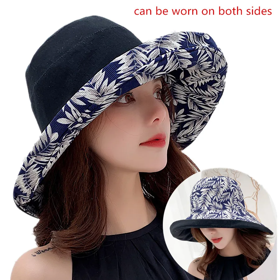 

Double Side Bucket Hats Women New Print Sunscreen Visor Hat Female Basin Cap Wide Brim Sunbonnet Fedoras Summer Beach Sun hats