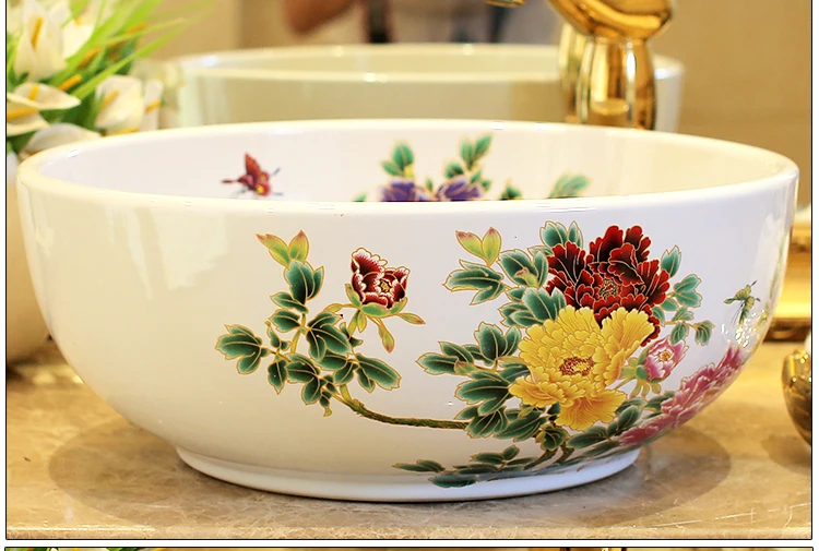 Europe Vintage Style Lavobo Ceramic Washing Basin Counter top Bathroom Sink hand painted vessel sinks Peony painting black (6)